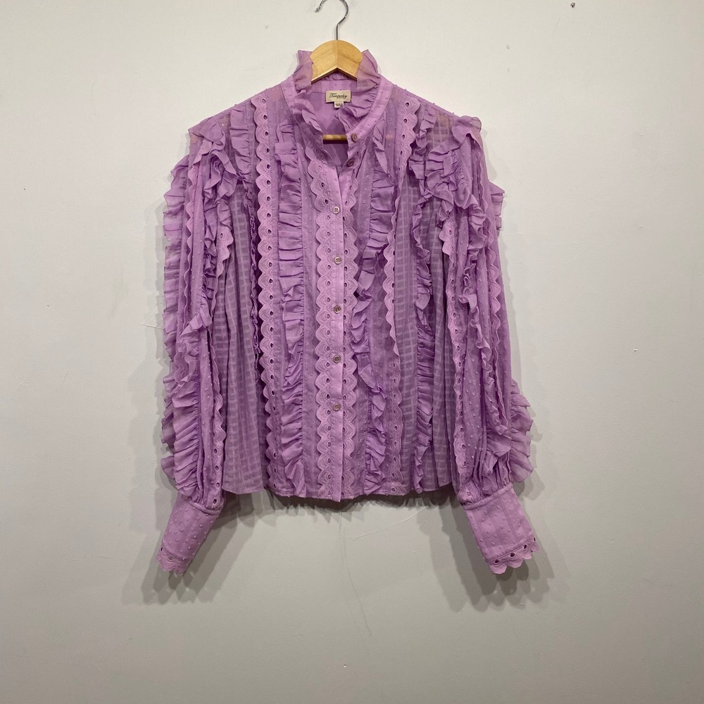 Temperley London Lavender Cotton Eyelet Ruffle Blouse Purple Swiss Dot US 8